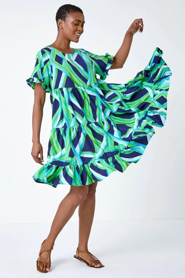 Women Abstract Print Tiered Smock Dress Roman Dresses