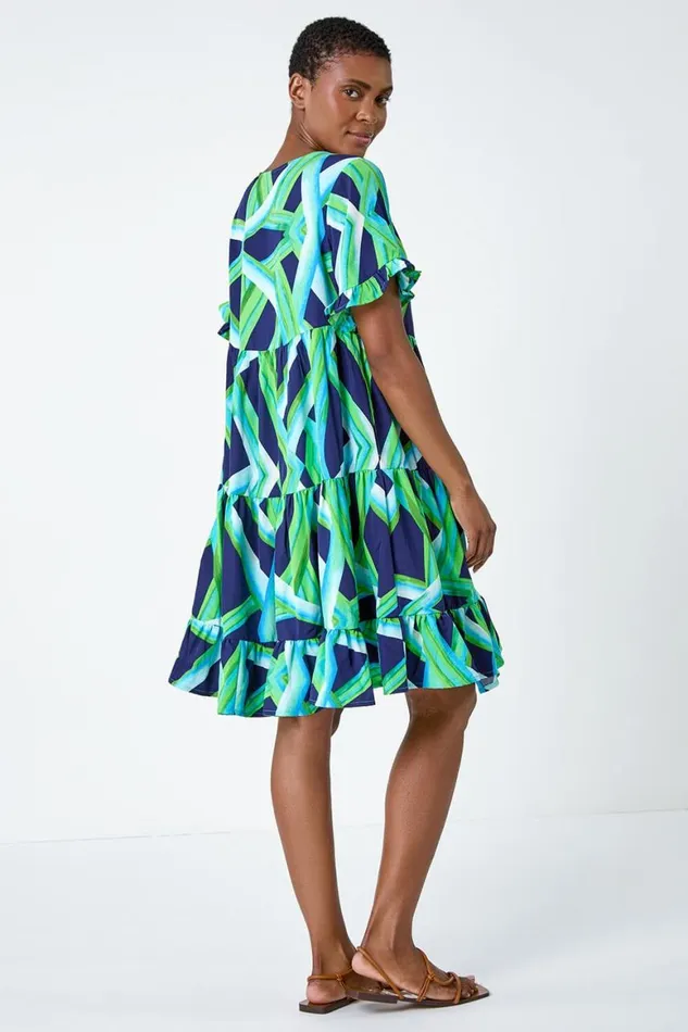 Women Abstract Print Tiered Smock Dress Roman Dresses