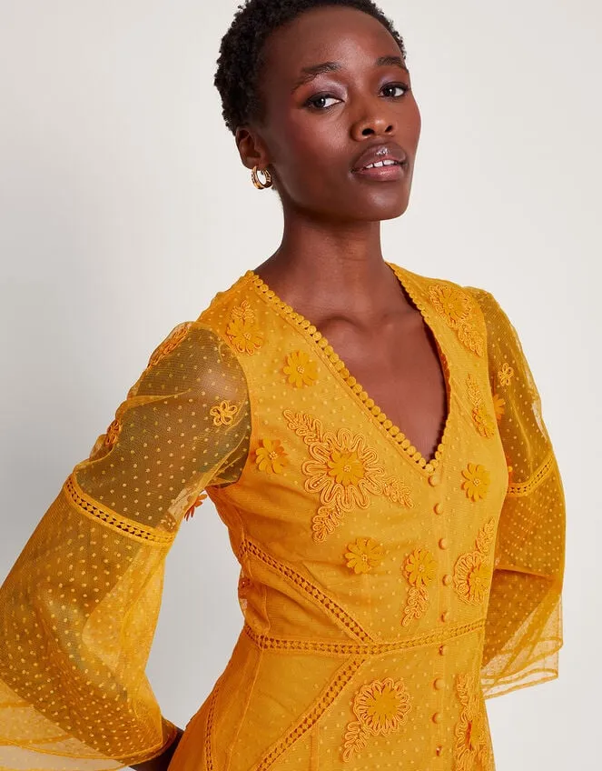 Women Alba Embroidered Tea Dress Yellow Monsoon Dresses