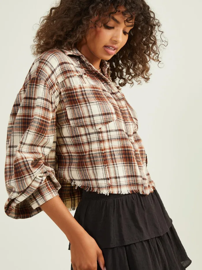 Women Altar039d State Blouses Lena Plaid Button Up Top Creambrown