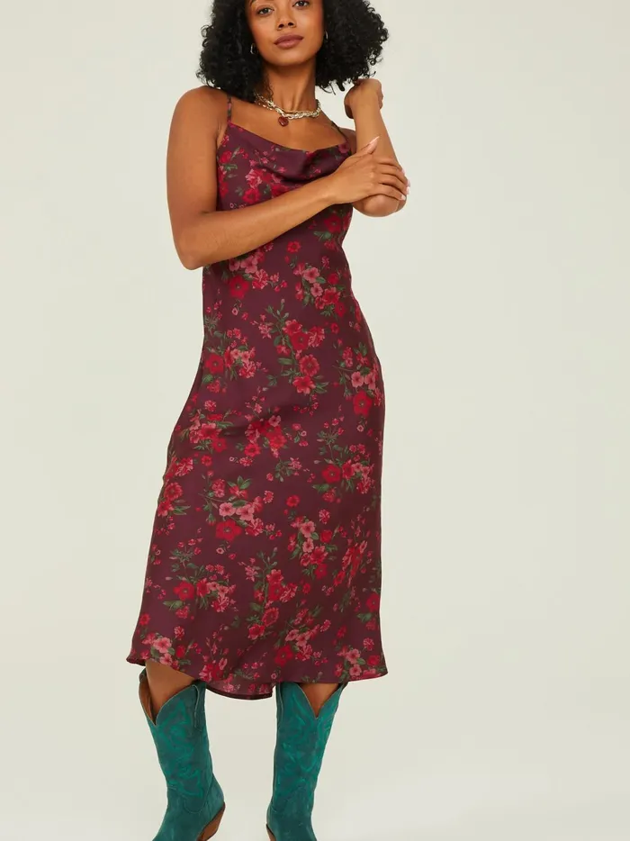 Women Altar039d State Casual Arley Satin Slip Midi Dress Burgundy