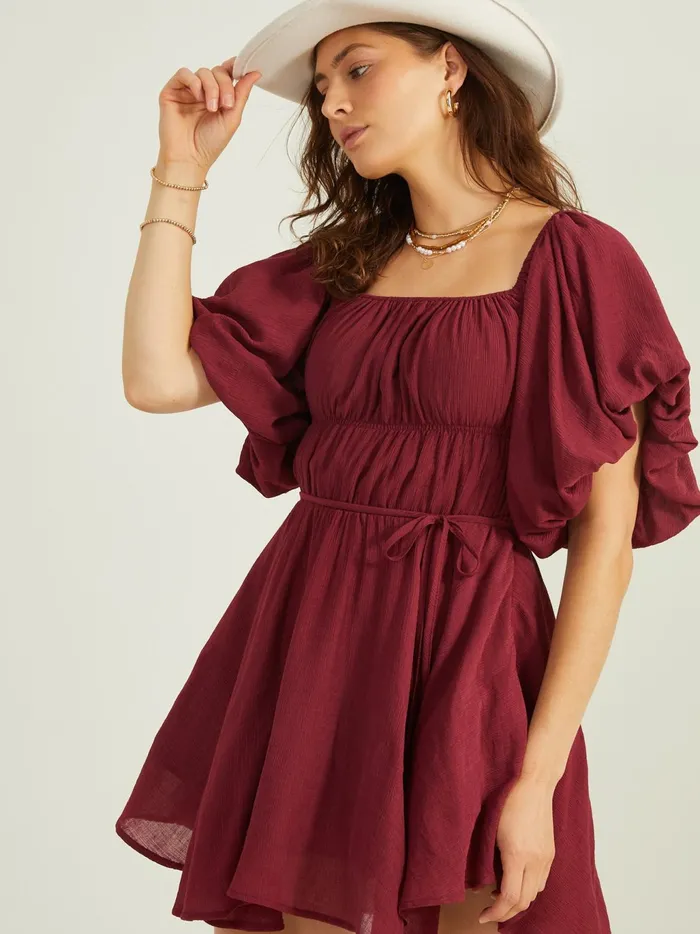 Women Altar039d State Casual Parker Puff Sleeve Dress Burgundy