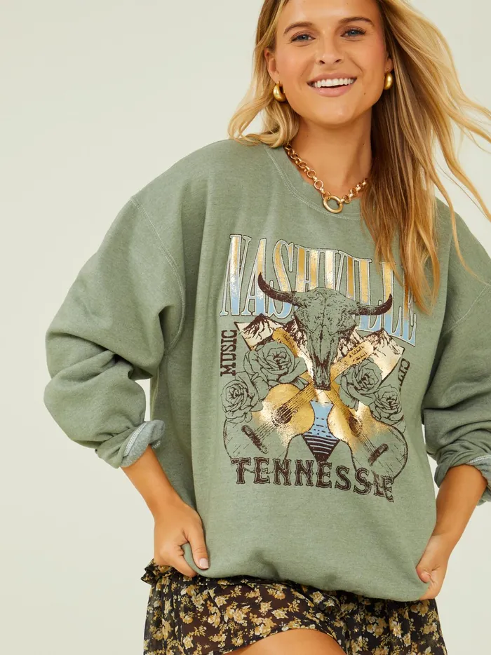 Women Altar039d State Graphics Nashville Foil Printed Sweatshirt Darkmint