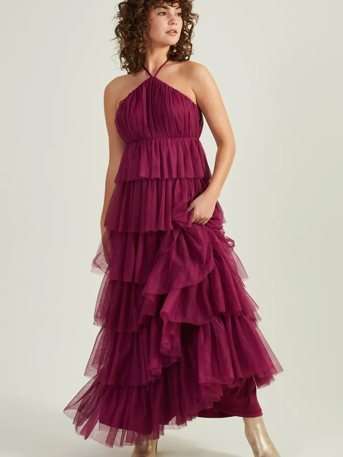 Women Altar039d State Maxi Midi Junie Halter Tulle Maxi Dress Burgundy