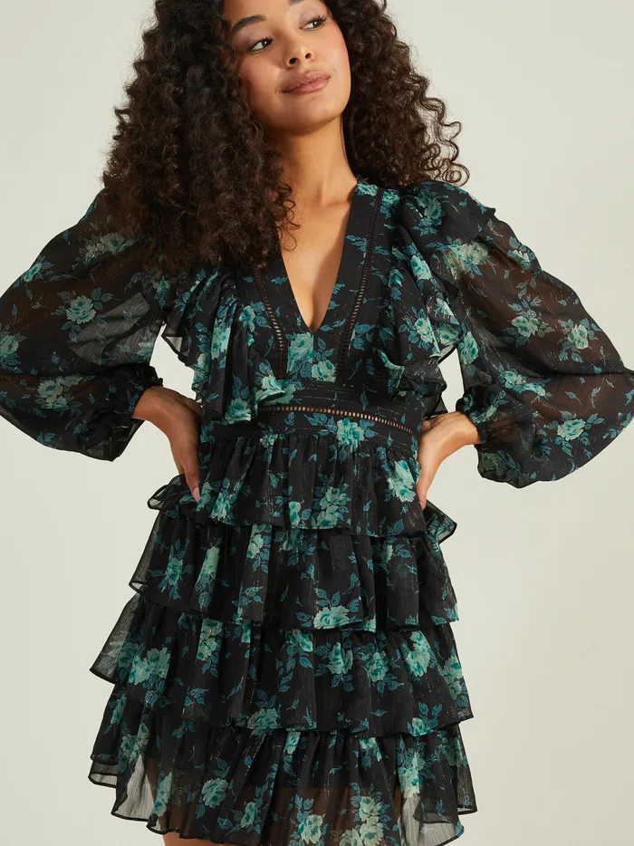 Women Altar039d State Special Occasion Maisley Ruffle Floral Dress Dkgreen