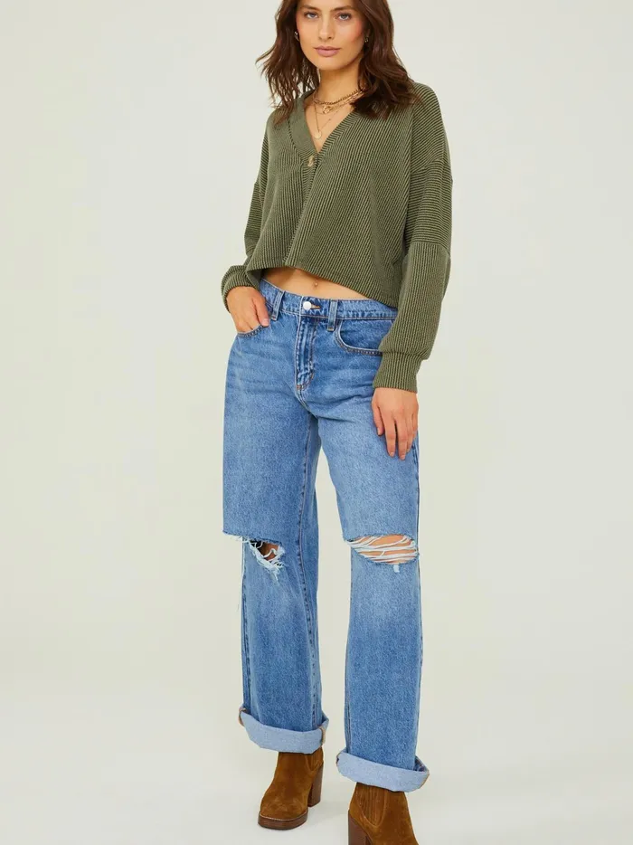 Women Altar039d State Thermals Aida Ribbed Button Down Top Olive