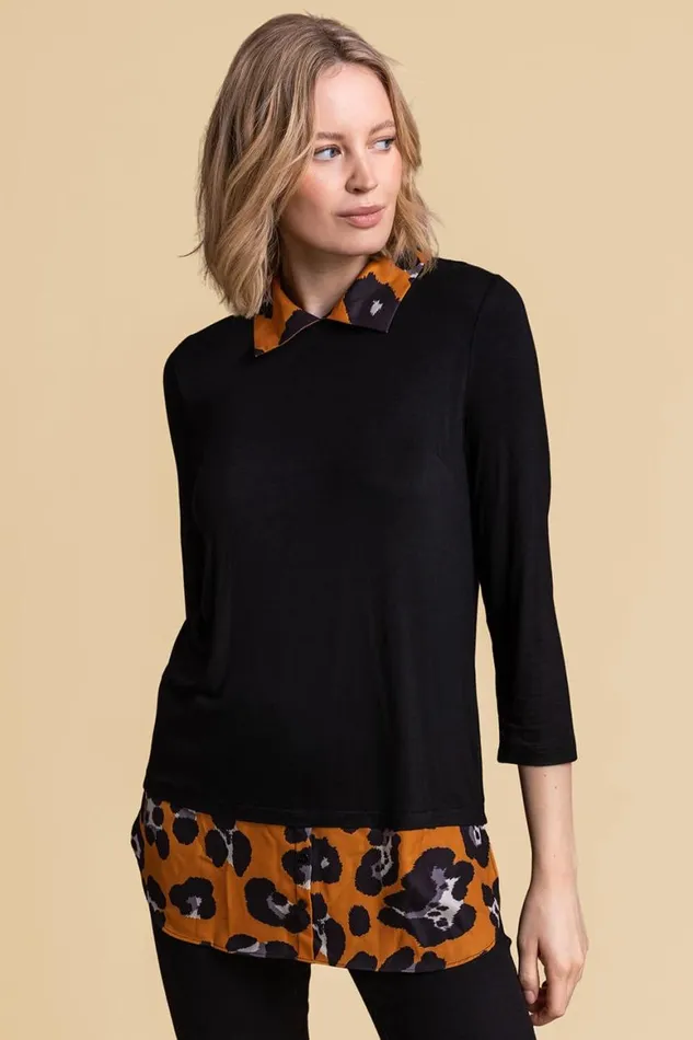 Women Amber Contrast Detail Animal Print 34 Sleeve Top Roman Tops