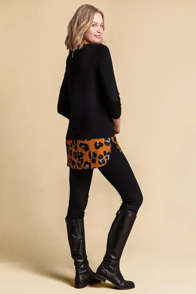 Women Amber Contrast Detail Animal Print 34 Sleeve Top Roman Tops