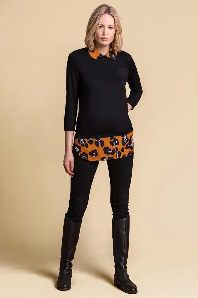 Women Amber Contrast Detail Animal Print 34 Sleeve Top Roman Tops