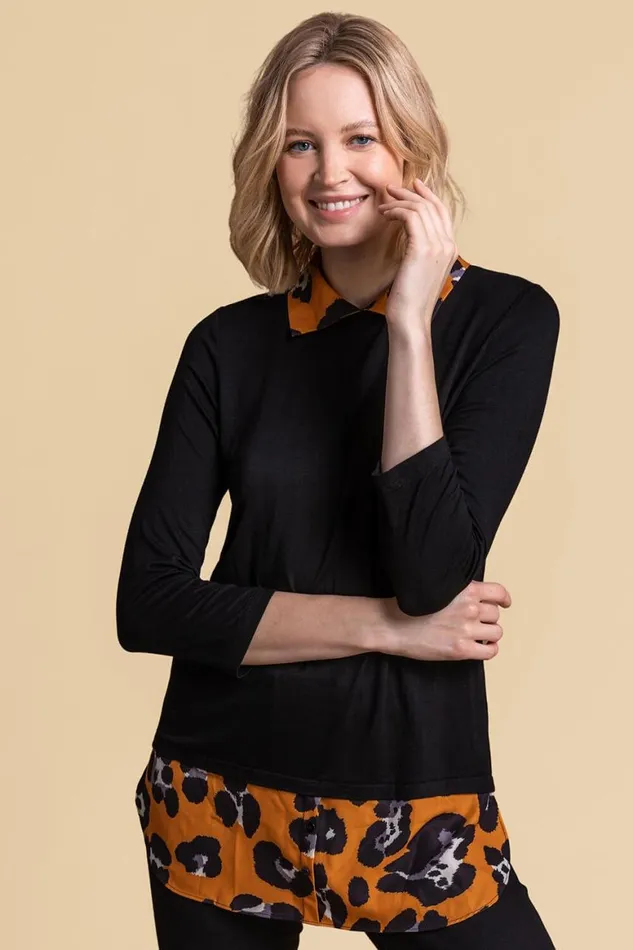 Women Amber Contrast Detail Animal Print 34 Sleeve Top Roman Tops