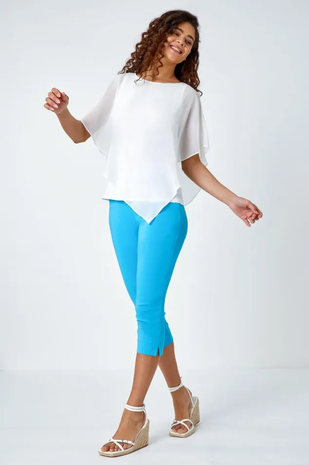 Women Aquamarine Elastic Waist Stretch Cropped Trousers Roman Trousers