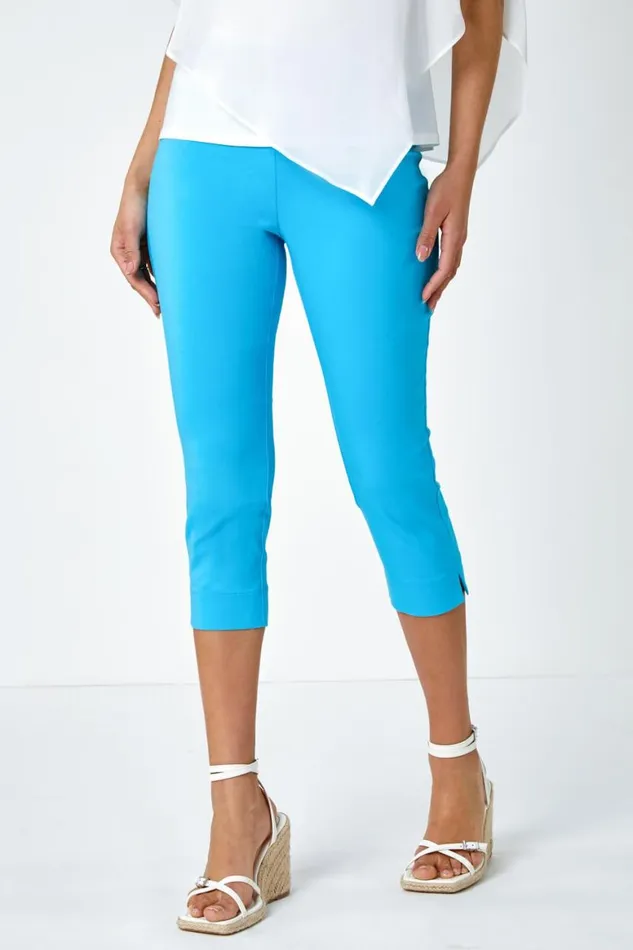 Women Aquamarine Elastic Waist Stretch Cropped Trousers Roman Trousers