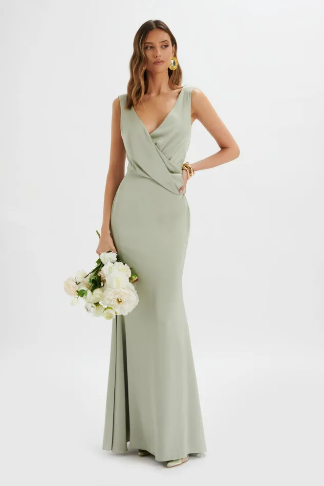 Women Backless Dresses Lavish Alice ELLE Draped Wrap Satin Maxi Dress In Sage Green Sage Green