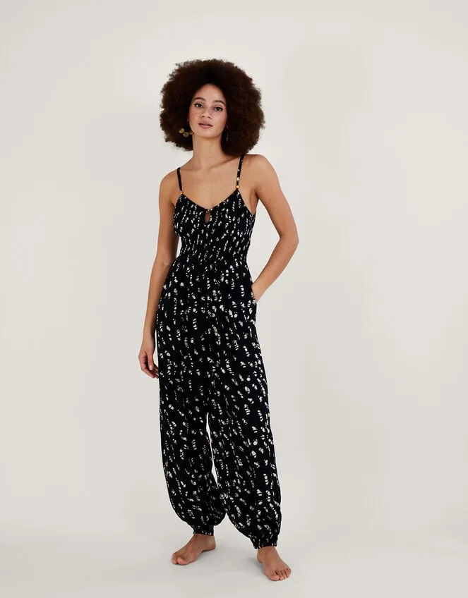 Women Batik Print Shirred Jumpsuit Lenzing Ecovero Black Monsoon Beachwear and Swimwear
