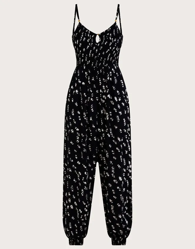 Women Batik Print Shirred Jumpsuit Lenzing Ecovero Black Monsoon Beachwear and Swimwear