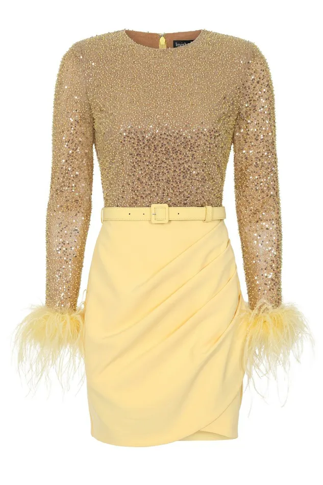 Women Belted Dresses Lavish Alice ANNIE Beaded Sequin Mini Dress In Yellow Yellow