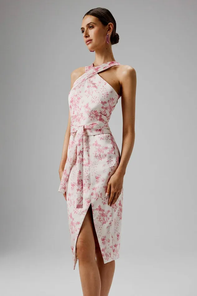 Women Belted Dresses Lavish Alice BRIELLE Bonded Satin Obi Belted Halterneck Midi Dress In Pink Porcelain Pink Porcelai