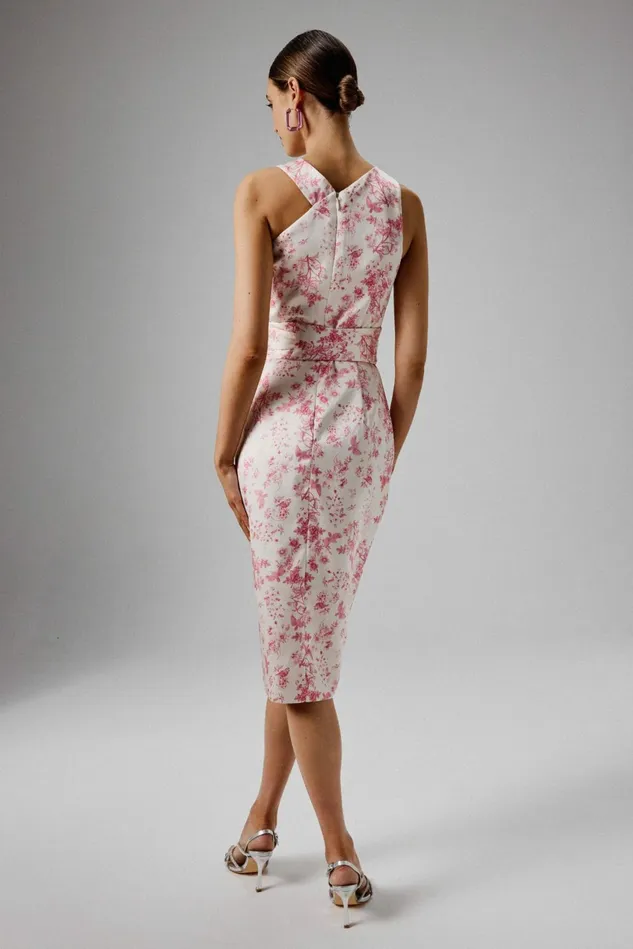 Women Belted Dresses Lavish Alice BRIELLE Bonded Satin Obi Belted Halterneck Midi Dress In Pink Porcelain Pink Porcelai