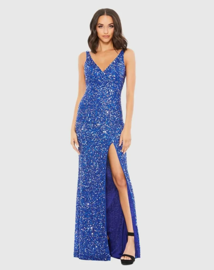 Women Best Sellers Mac Duggal Blue Sequined Sleeveless V Neck Side Slit Gown Royal Blue