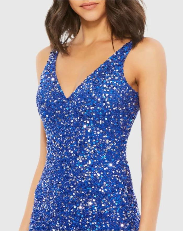 Women Best Sellers Mac Duggal Blue Sequined Sleeveless V Neck Side Slit Gown Royal Blue