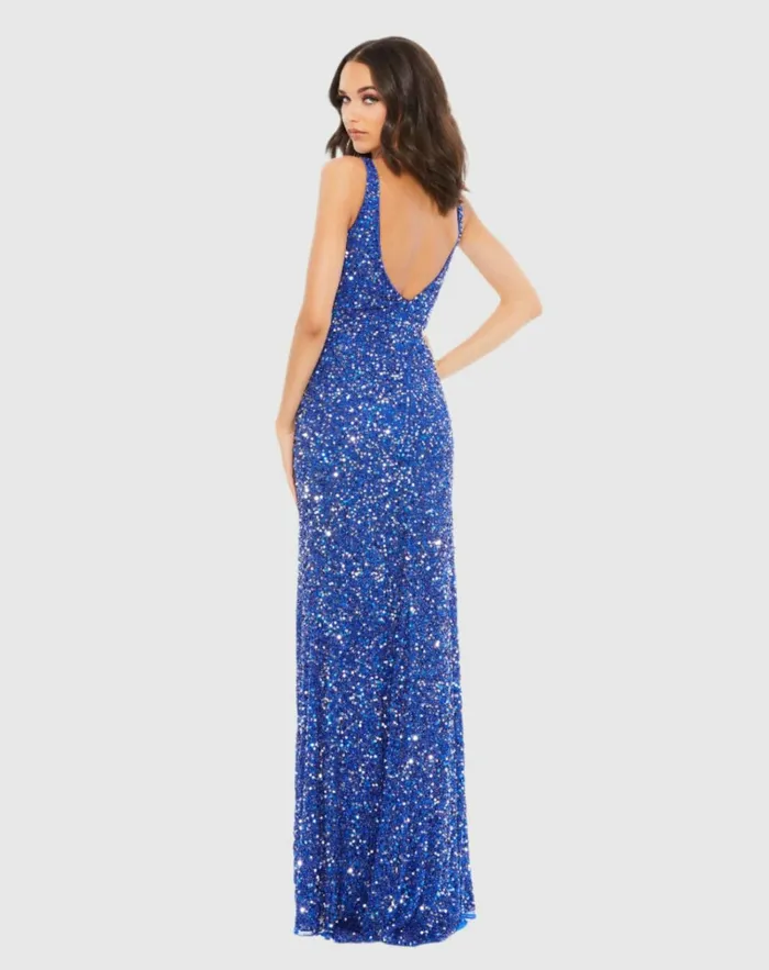 Women Best Sellers Mac Duggal Blue Sequined Sleeveless V Neck Side Slit Gown Royal Blue