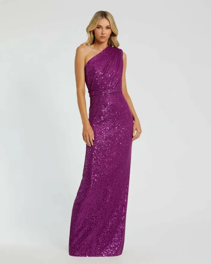 Women Best Sellers Mac Duggal Dark Purple Sequined Ruched One Shoulder Gown Purple