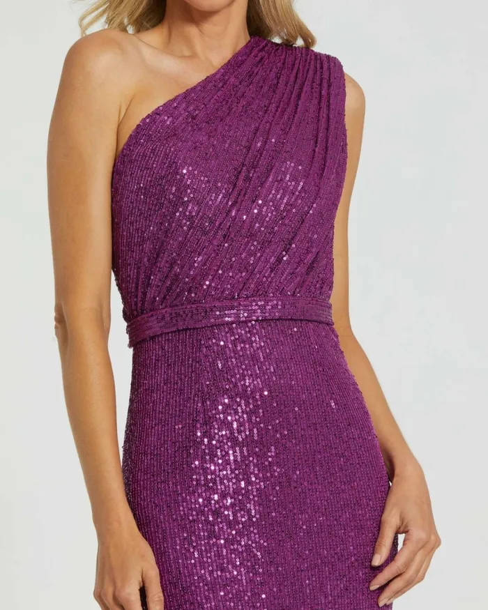 Women Best Sellers Mac Duggal Dark Purple Sequined Ruched One Shoulder Gown Purple