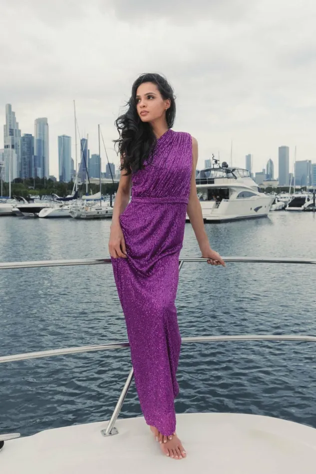 Women Best Sellers Mac Duggal Dark Purple Sequined Ruched One Shoulder Gown Purple