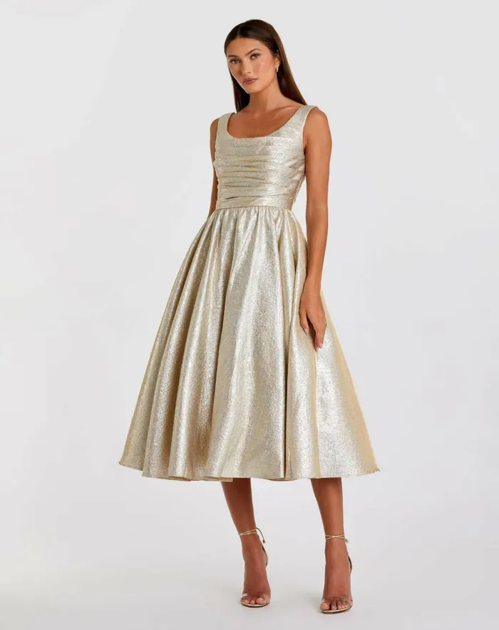 Women Best Sellers Mac Duggal Gold Square Neck Sleeveless A Line Dress Oyster