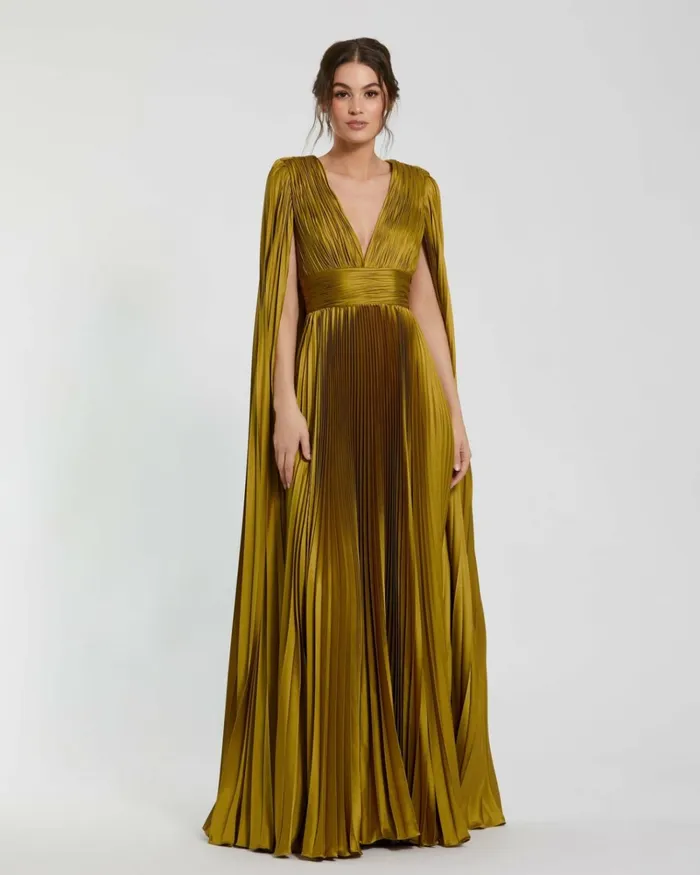 Women Best Sellers Mac Duggal Pleated Charmeuse V Neck Gown With Cape Chartreuse