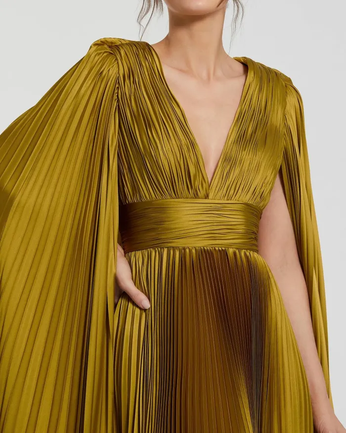Women Best Sellers Mac Duggal Pleated Charmeuse V Neck Gown With Cape Chartreuse