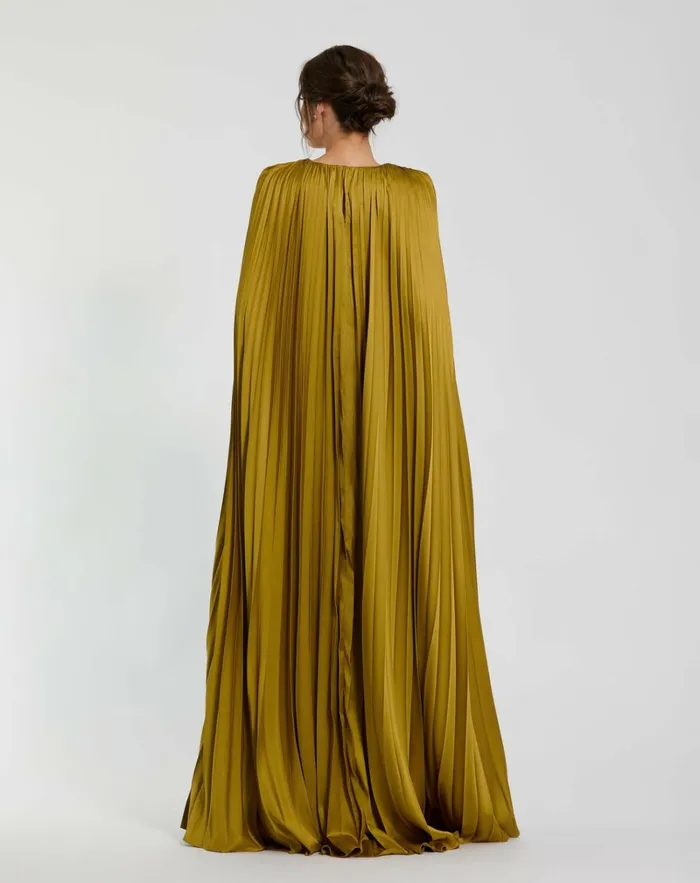 Women Best Sellers Mac Duggal Pleated Charmeuse V Neck Gown With Cape Chartreuse