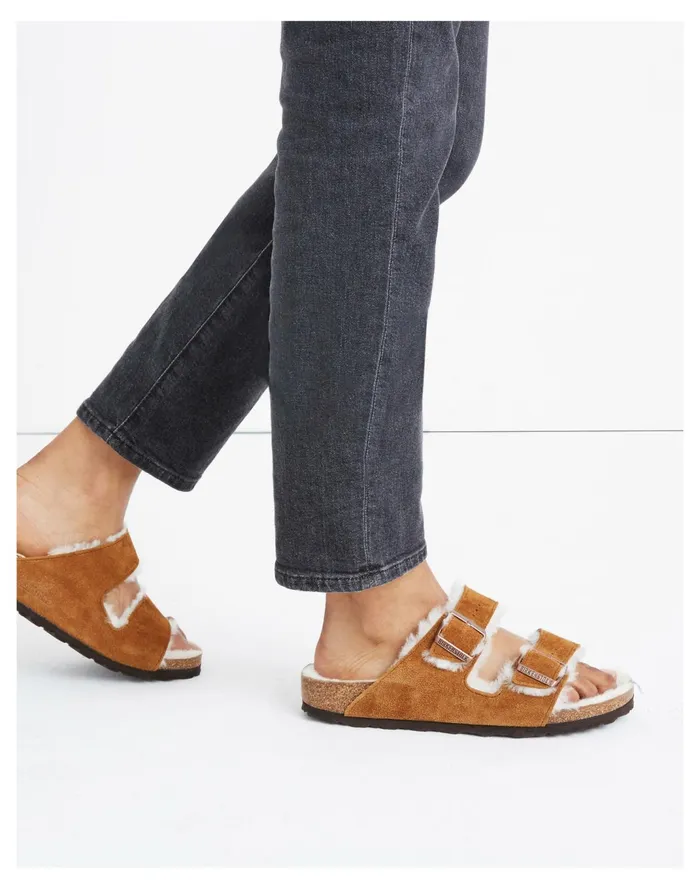 Women Birkenstock Suede Arizona Sandals In Shearling Mink Natural Madewell Flats Women Birkenstock Suede Arizona Sandals In Shearling Mink Natural Madewell Flats