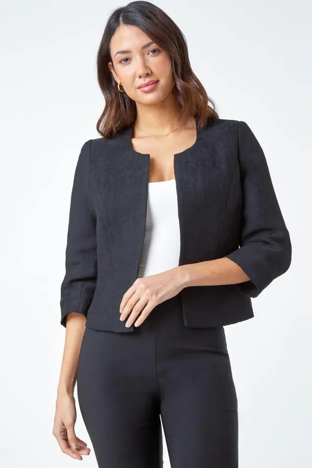 Women Black 34 Sleeve Pleated Textured Cropped Jacket Roman Jackets