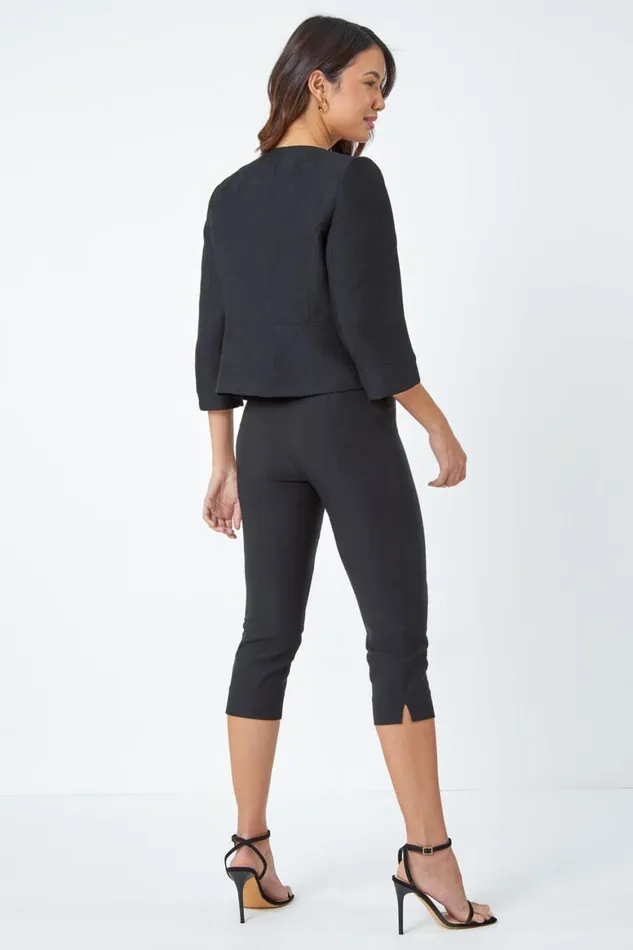 Women Black 34 Sleeve Pleated Textured Cropped Jacket Roman Jackets