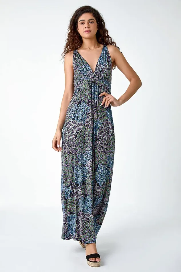 Women Black Abstract Animal Print Stretch Maxi Dress Roman Dresses