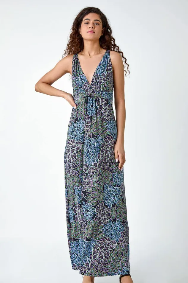 Women Black Abstract Animal Print Stretch Maxi Dress Roman Dresses