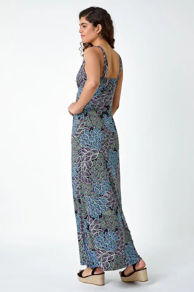 Women Black Abstract Animal Print Stretch Maxi Dress Roman Dresses