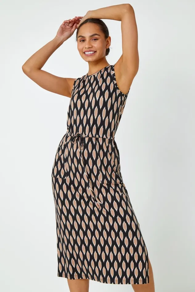 Women Black Abstract Print Drawcord Stretch Midi Dress Roman Dresses