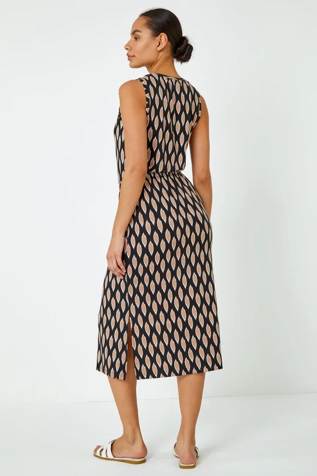 Women Black Abstract Print Drawcord Stretch Midi Dress Roman Dresses