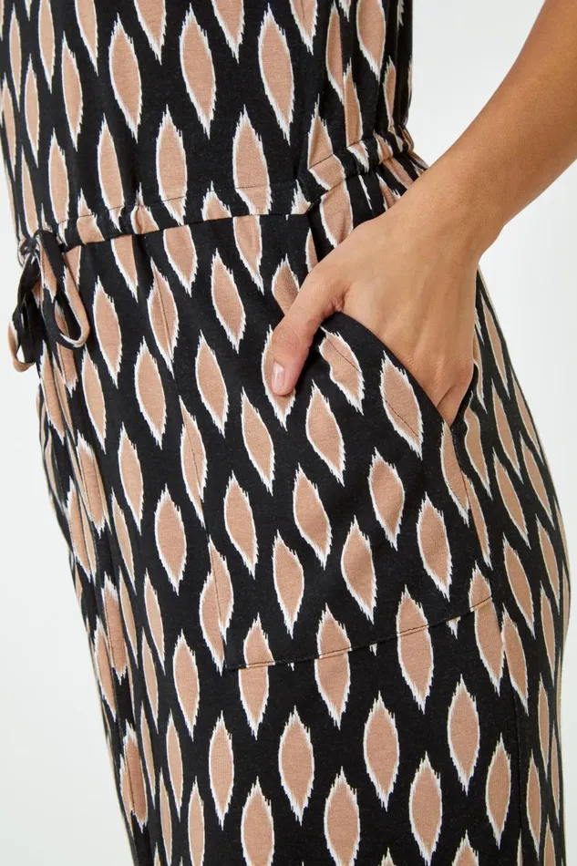 Women Black Abstract Print Drawcord Stretch Midi Dress Roman Dresses