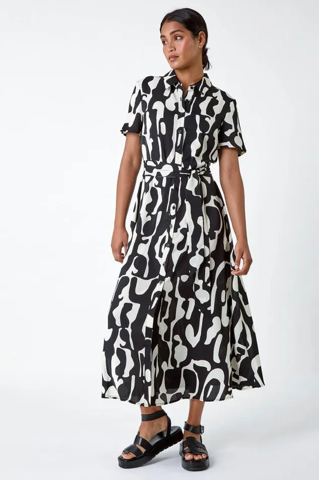 Women Black Abstract Print Fit and Flare Shirt Dress Roman Dresses