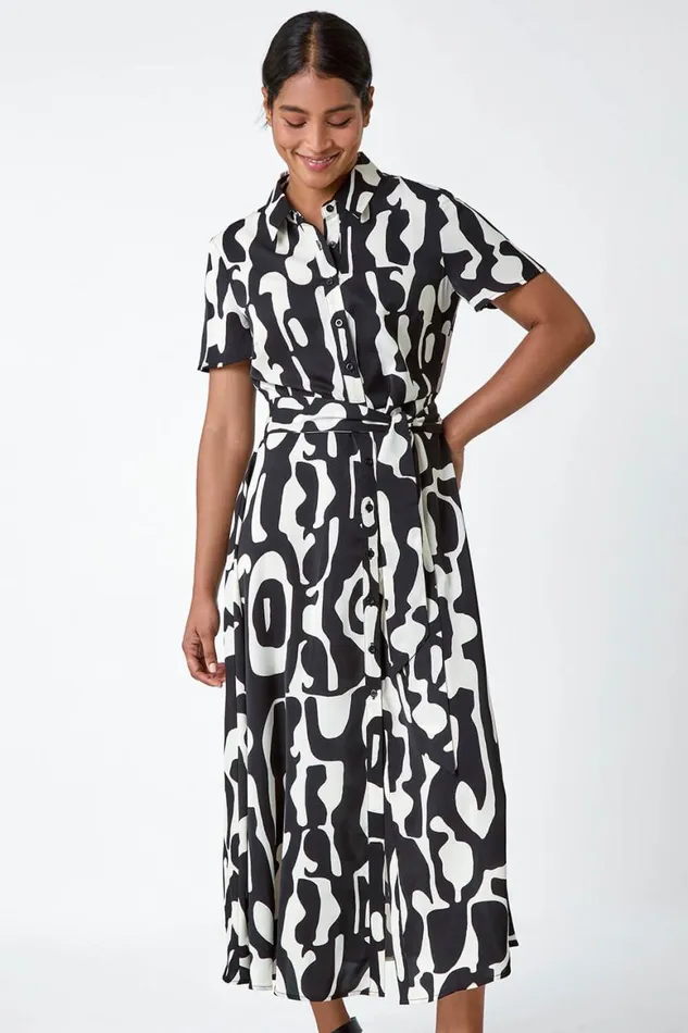 Women Black Abstract Print Fit and Flare Shirt Dress Roman Dresses