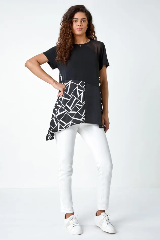 Women Black Abstract Print Panelled Stretch Tunic Top Roman Tops