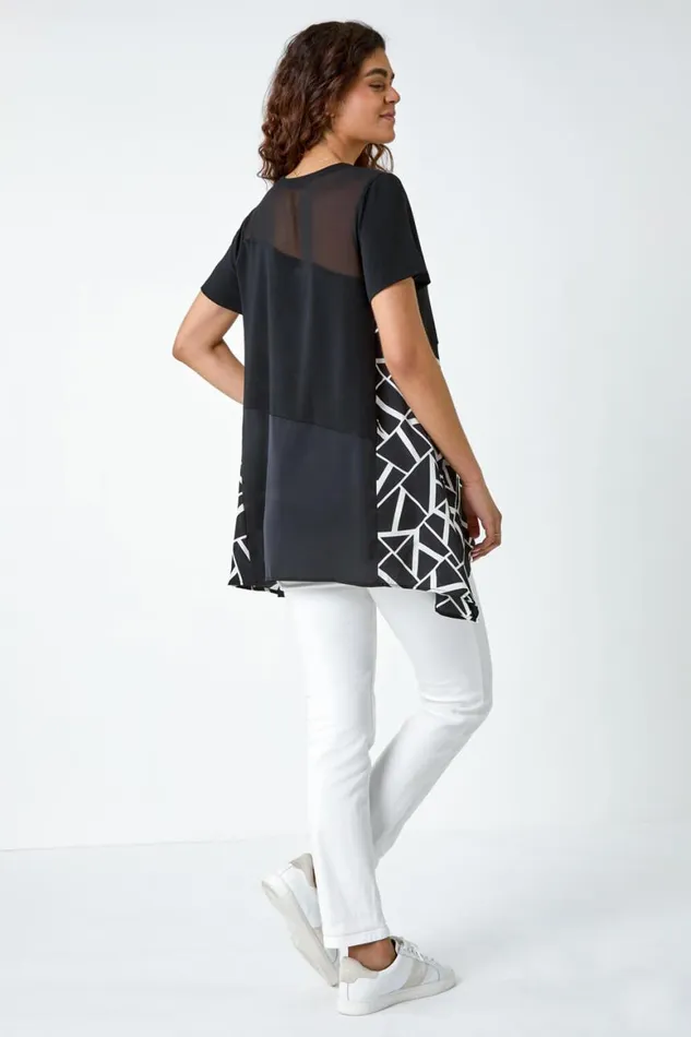 Women Black Abstract Print Panelled Stretch Tunic Top Roman Tops