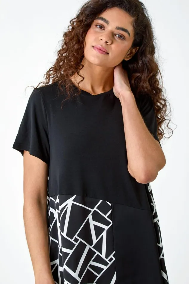 Women Black Abstract Print Panelled Stretch Tunic Top Roman Tops