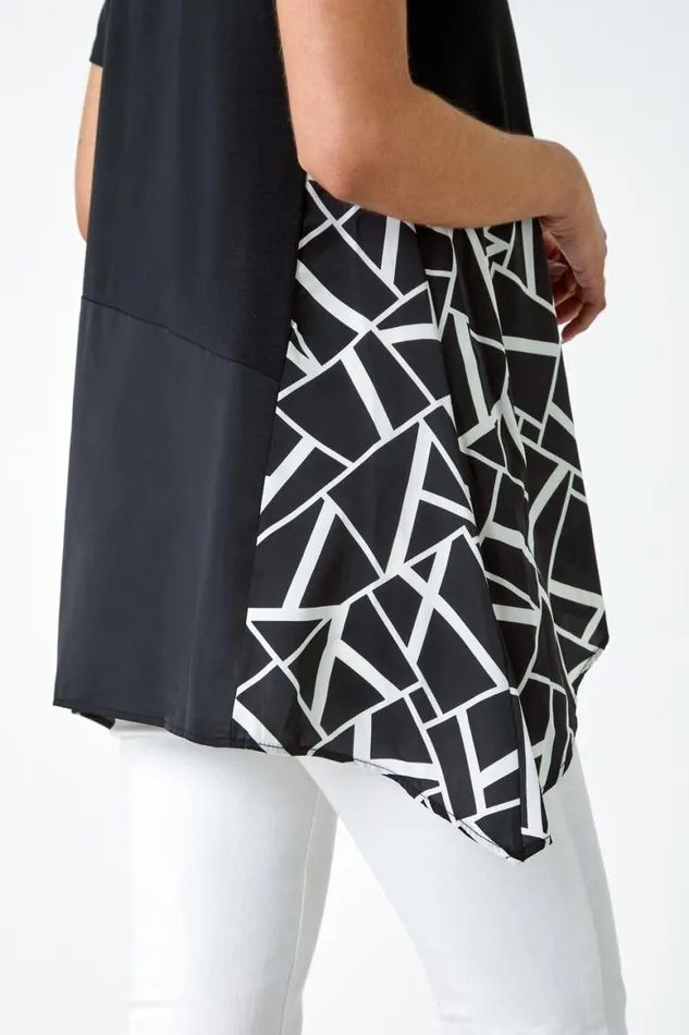 Women Black Abstract Print Panelled Stretch Tunic Top Roman Tops