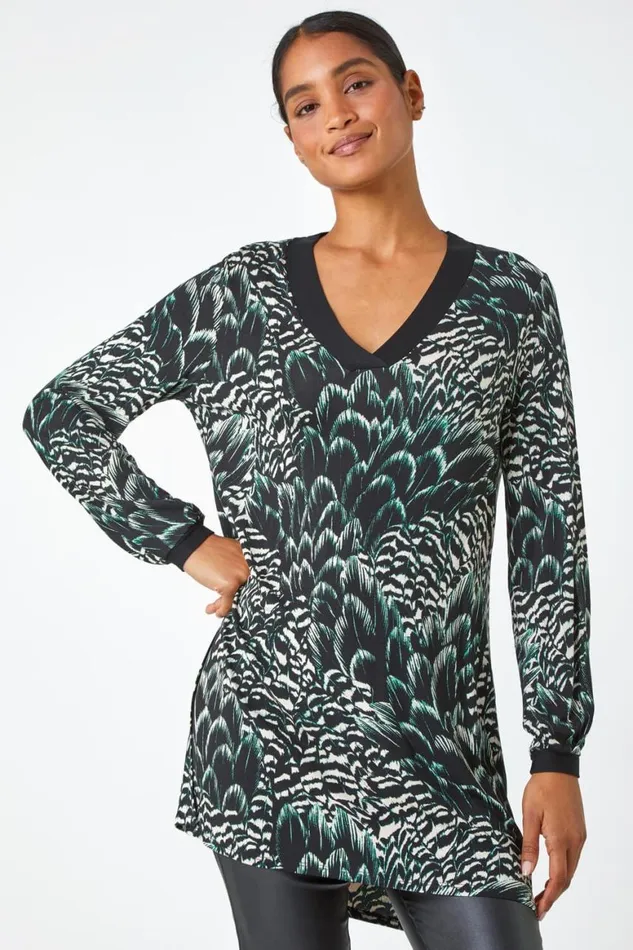 Women Black Abstract Stretch Jersey VNeck Tunic Top Roman Tops