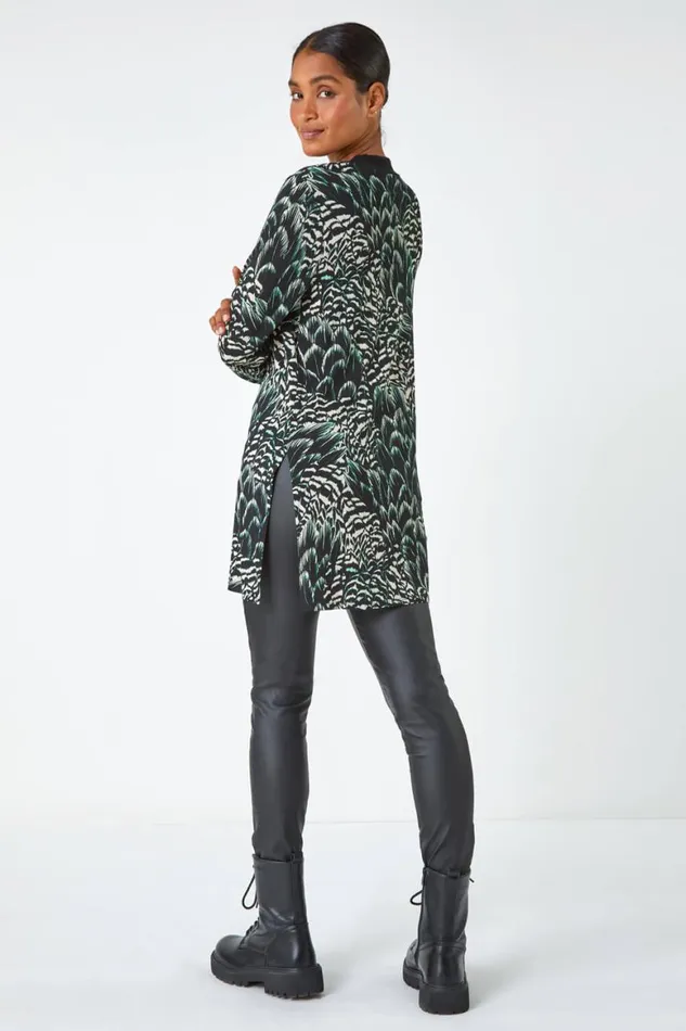 Women Black Abstract Stretch Jersey VNeck Tunic Top Roman Tops