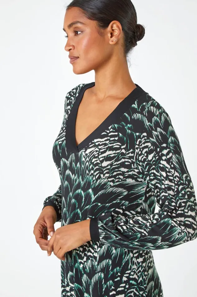 Women Black Abstract Stretch Jersey VNeck Tunic Top Roman Tops
